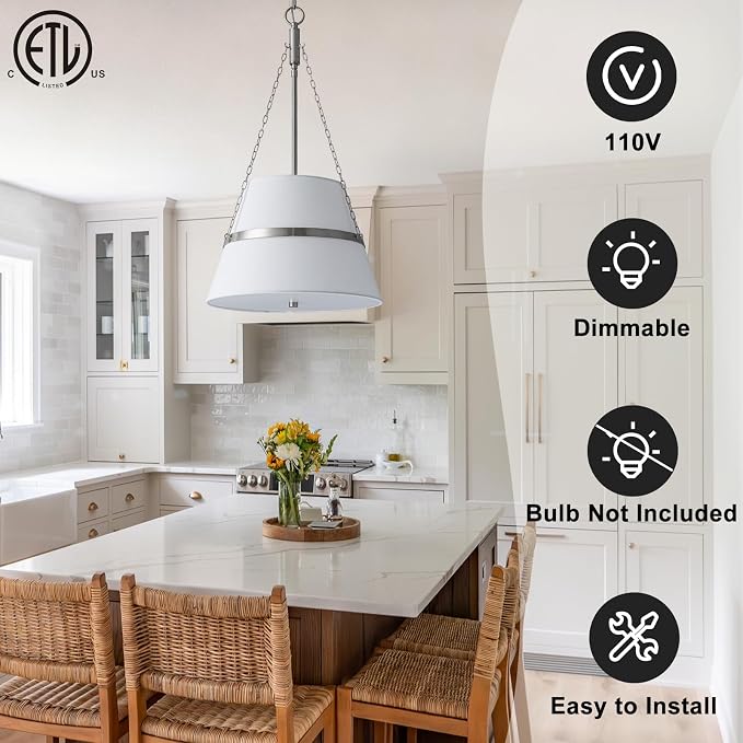 15" Brushed Nickel Drum Chandelier, Linen Pendant Light for Kitchen Island | Modern Transitional, White Linen Shade, 3 Side Chains, 4-Light, for Dining Room, Breakfast Nook, Adjustable Height, 15"W×28"H