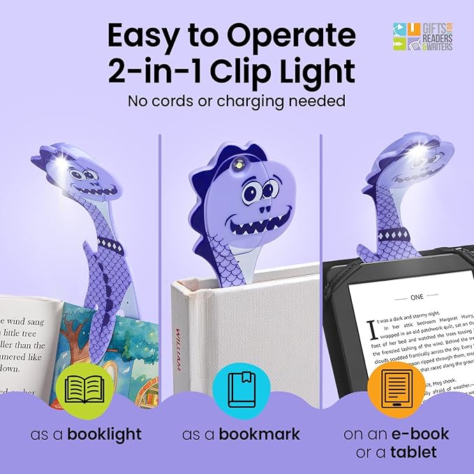 Gifts for Readers & Writers Book Light for Kids, Clip On Reading Light for Bed, 2in1 Flexilight Pals & Bookmark, Small & Lightweight with a Soft Glow, 2 Batteries Included, Dino Purple
