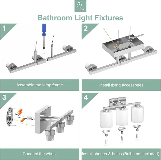 Honesorn Bathroom Light Fixtures Brushed Nickel, 3-Light Vanity Lights | Bathroom Vanity Light with Frosted Shades, Modern Bathroom Lights Over Mirror, Anti-Rust, E26 Socket (Bulbs Not Included)