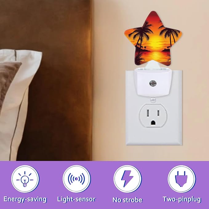 Energy Efficient Nightlights Plug In Wall, Tropical Palm Tree Night Light for Kids Bedroom Decorative, Vintage Beach Sunset Dusk-To-Dawn Sensor Sleep Friendly Lamp for Nursery Bathroom Basement