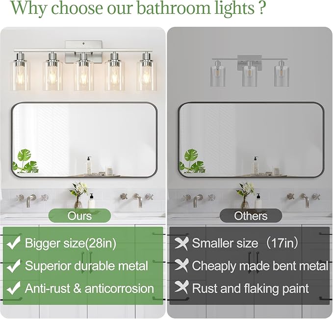 5-Light Bathroom Light Fixtures, Vanity Light with Clear Glass Shades, Brushed Nickel Bathroom Light Fixtures Over Mirror, Modern Bathroom Wall Lamp for Mirror Living Room Cabinet Bedroom