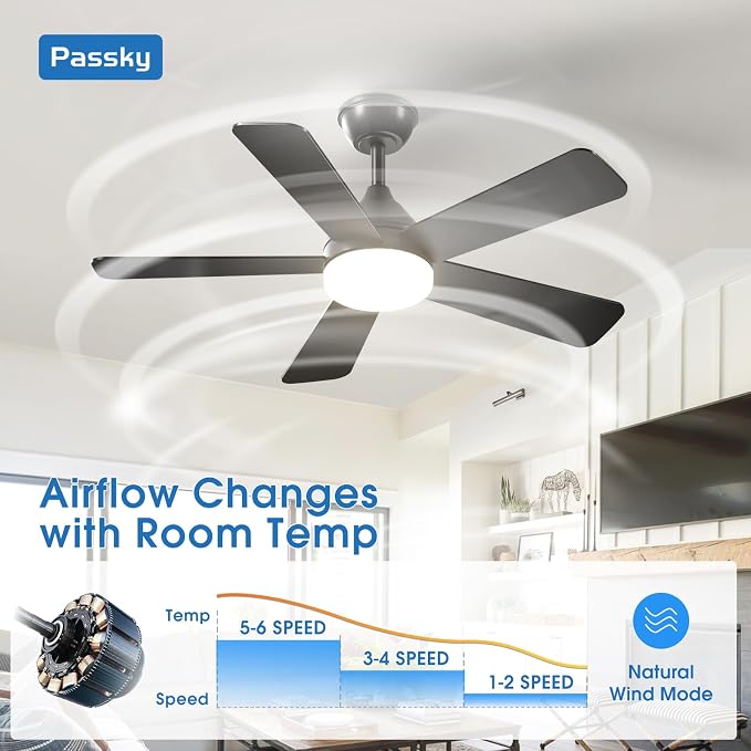 Passky 42 Inch Black Sleek Ceiling Fans with Lights, Remote Control | 3-color dimmable light, quiet reversible DC motor, easy install, memory, Timer, bedroom, covered outdoor areas