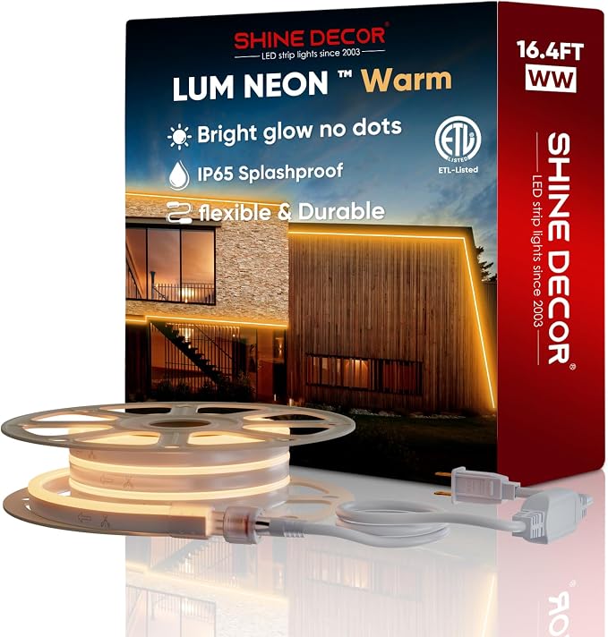 LED Neon Rope Lights AC 120V, Expandable & Cuttable 120LEDs/M Bright Strip Lighting, ETL Cold-Resistant & IP65 Waterproof for Indoor Outdoor, 8x16mm, 2500K Warm White, 16.4ft