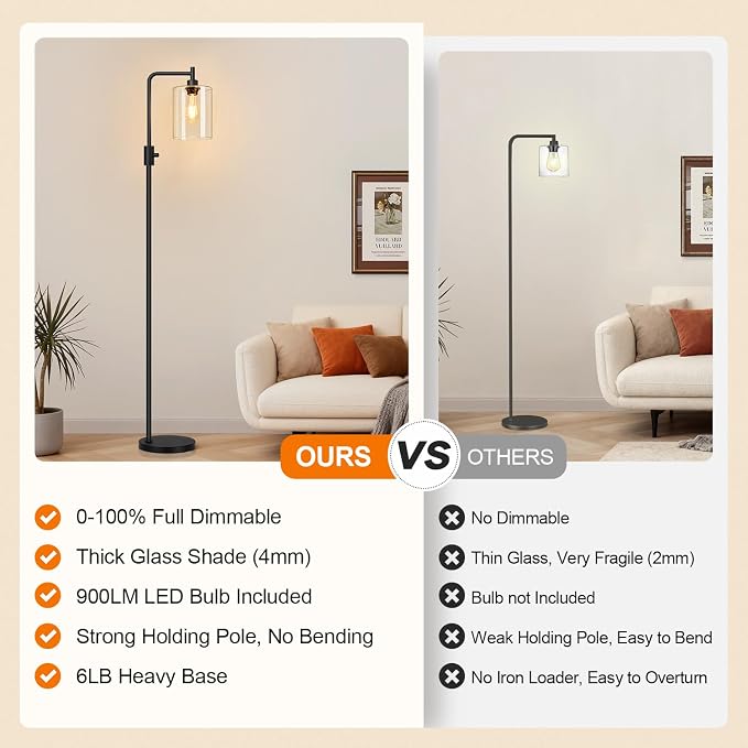 【Upgraded】 Dimmable Floor Lamp for Living Room with Seeded Glass Lampshade, Black Modern Glass Floor Lamp with 900LM LED Bulb Included, Arc Standing Tall Lamp for Bedroom, Office, Reading Room, Corner
