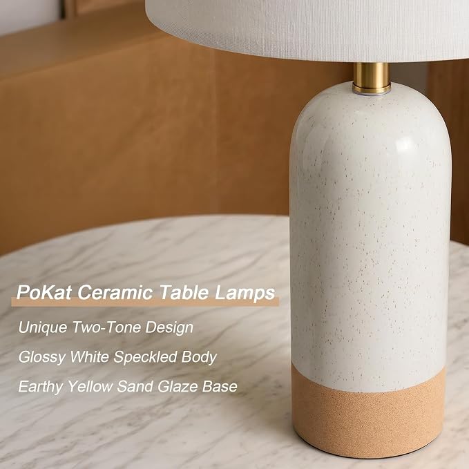 PoKat 24'' White Ceramic Table Lamps Set of 2, Farmhouse for Living Room | Modern Bedside Lamps for Bedroom, Two-Tones Design, Earthy Yellow Base, Splatter Pattern, Boho Lamps for Nightstand, Entryway
