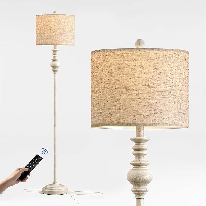 BOBOMOMO 64.25" Farmhouse Floor Lamp with Remote, Dimmable Floor Lamp with Adjustable Color Temperatures, Tall White Standing Floor Lamps for Living Room Corner, Bedroom & Nursery, 9W Bulb Included