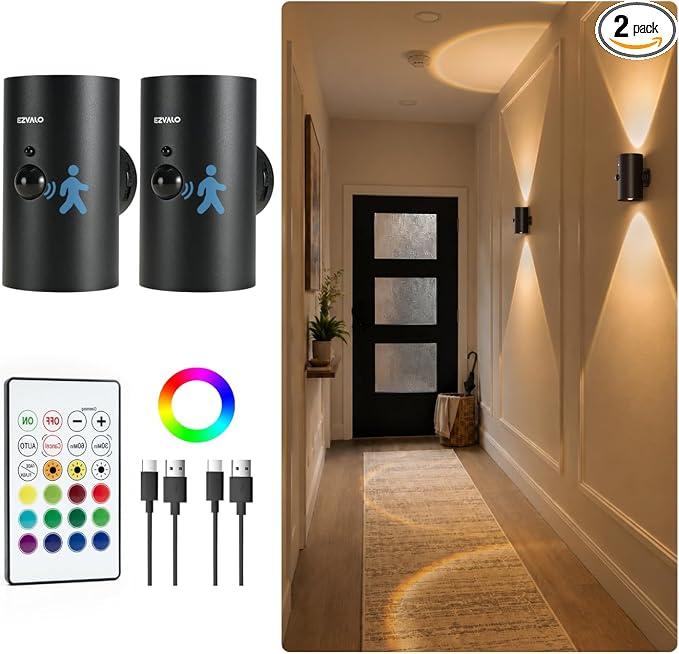EZVALO Motion Sensor Wall Lights with Remote, Rechargeable, Peel and Stick | 3 Color Temps, 12 RGB Colors, Wireless, Magentic, 2 Pack LED Sconces for Hallway, Living Room