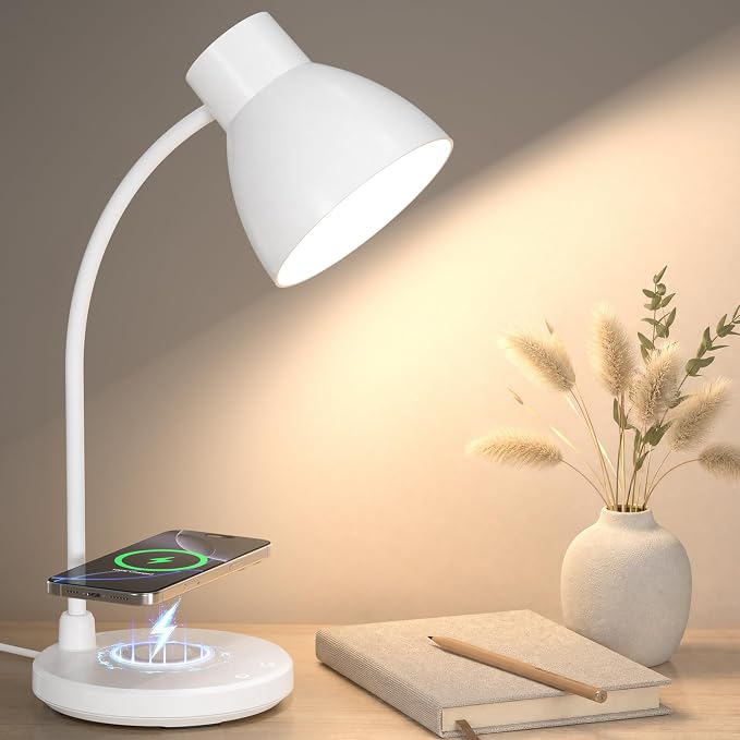 LED Desk Lamp for Home Office with Wireless Charger, White | 3 Color Modes Dimmable Eye-Caring Study Reading Dorm Desk Lamp, 360° Flexible Arm Table Lamp for College Dorm Room, 800 Lumen