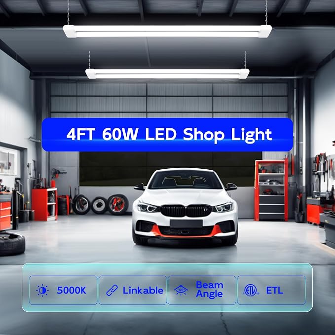 hykolity LED Shop Lights 4FT,60W(350W Equivalent),6500LM,5000K | Linkable Shop Light Plug and Play with Hanging/Surface Mount Kit,Shop Lights for Garage,Workshop,Warehouse,White,4 Pack