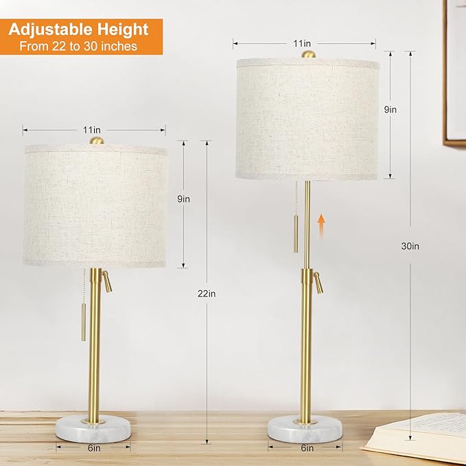 Table Lamps for Bedrooms Set of 2, 22" to 30" Height Adjustable Nightstand Lamps with Linen Shade, Pull Chain Switch Lamps for Living Room, 3 Way Dimmable Bedside Lamp