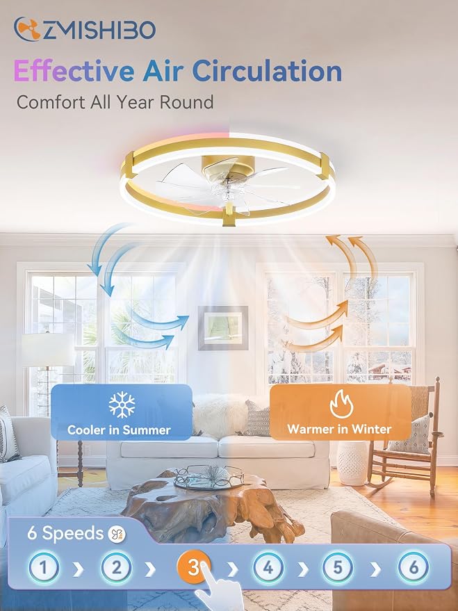 ZMISHIBO 23" RGB Low Profile Ceiling Fans with Lights and Remote, Gold | Custom RGB+3CCT Dimmable, 6 Speeds, Remote/App Control, Reversible DC Motor, Memory, Timer, Modern Fandelier for Kids/Bedroom