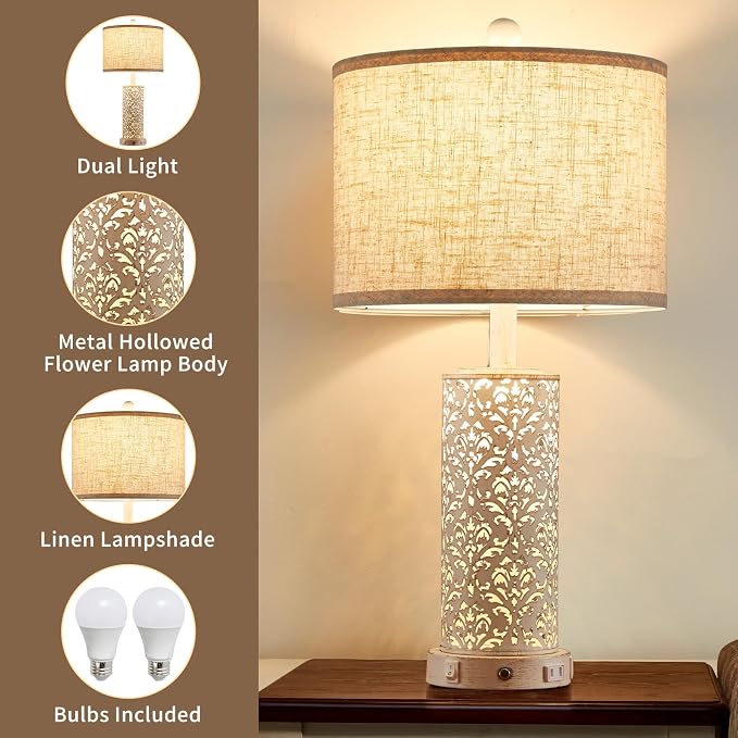 SAIWEYA 26" Set of 2 Farmhouse Table Lamp for Bedroom, Dimmable Touch | 3 Way Dimmable, 2 USB Ports + AC Outlet Bedside Lamp for Nightstand, LED Bulb Included, Fabric Shade, Flower Metal Body