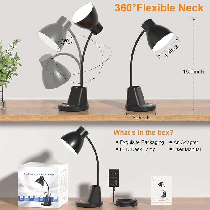 10W Wireless Charging LED Desk Lamp with Pen Holder, CRI 95, Black | 800LM, 3 Modes, 360°Flexible Arm, Touch, Brightness, Table Lamp for Home Office, Dorm, Bedside, Study, Reading, with Adapter