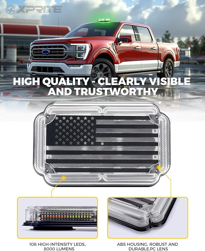 Xprite 108 LED Roof Top Strobe Light, US Flag Pattern Mail Postal Car Light Bar, Emergency Safety Warning LED Mini Strobe Lightbar w/Magnetic for Patrol Vehicles Law Enforcement Trucks, Green White