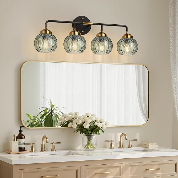 MOKATNG Bathroom Light Fixtures, 4-Light Green Vanity Lights with Unique Leaf Texture Glass Shade, Modern Matte Black and Gold Bathroom Wall Lamp for Mirror Hallway Cabinet Living Room
