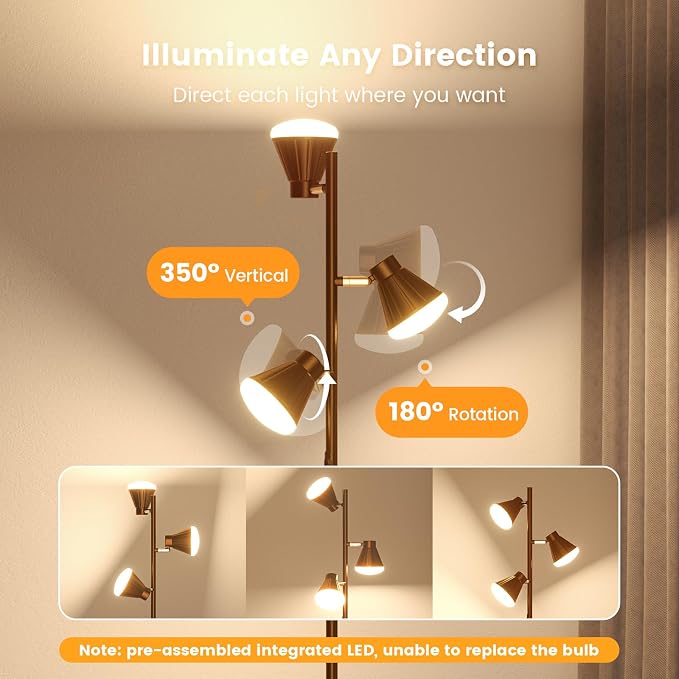 36W LED Tree Floor Lamp, Dimmable Tall Standing Lamp with Remote & Touch Control, 4 Color Temperatures Bright Floor Lamp, 3 Rotatable Light Modern Floor Lamps