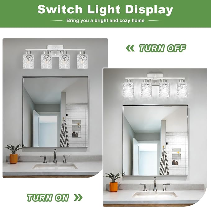 4-Light Bathroom Light Fixtures, Brushed Nickel Vanity Lights Over Mirror | Wall Sconces with Clear Textured Glass Shades for Living Room Bedroom Hallway,E26 Base (Bulbs Not Included)