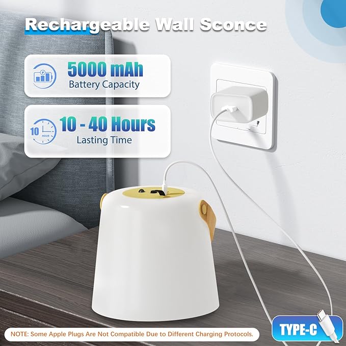 TACAHE Rechargeable Wall Sconce - Plastic Frosted Lampshade - 3 Color Temp & 5 Brightness - Remote Control - 5000 mAh Battery Operated - Cordless Wall Lamp for Camper, RV - Set of 2 (Gold)
