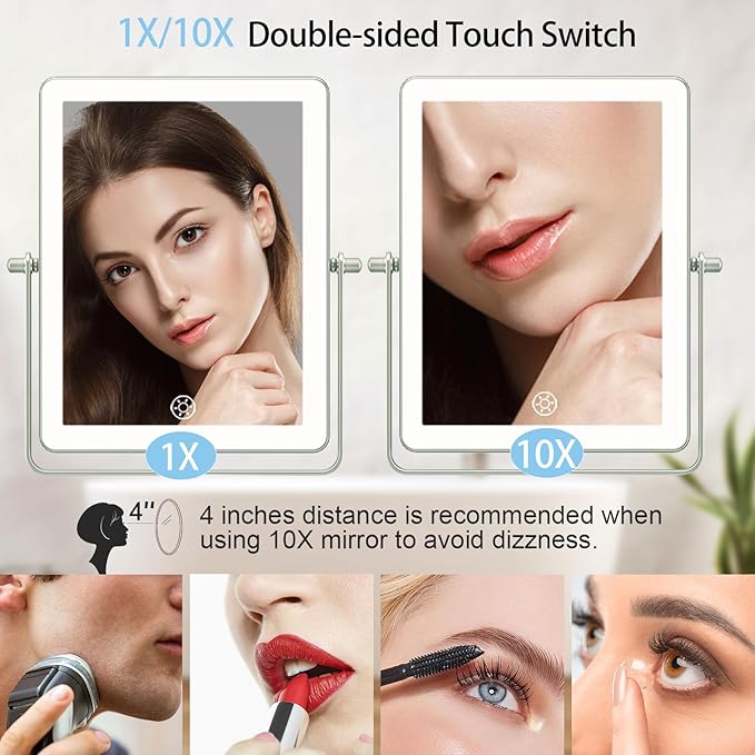 FASCINATE Rechargeable Wall Mounted Makeup Mirror with Lights, Bathroom Mirror Rectangle 8.7" Double Sided Touch Switch 1X 10X Magnifying Mirror with 3 Color Setting Extended Arm 360° Swivel Foldable