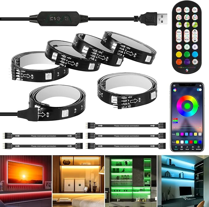 RGB LED Strip Lights 10ft/6 Pre-cut 1.64ft for 43-65 Inch TV Backlight | Color Changing Strip Light Music Sync, Remote,App Control,USB Powered Bias LED Lighting for Gaming Bedroom PC Monitor Cabinet