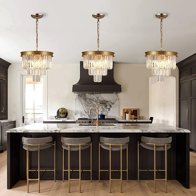 AXILIXI Gold Crystal Chandeliers 16” Modern Ceiling Pendant Light Fixture for Dining Room Dimmable Small Flush Mount Chandeliers Round for Foyer Kitchen Island Entryway