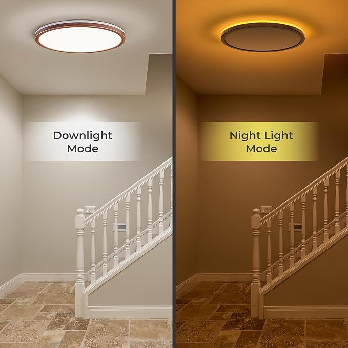 Matane 12in Flush Mount Ceiling Light Fixture with Remote Control, Nightlight 2000K Warm, 3000K-6500K Adjustable, Wired Low Profile Ceiling Lights for Bedroom, Kitchen, Living Room Walnut