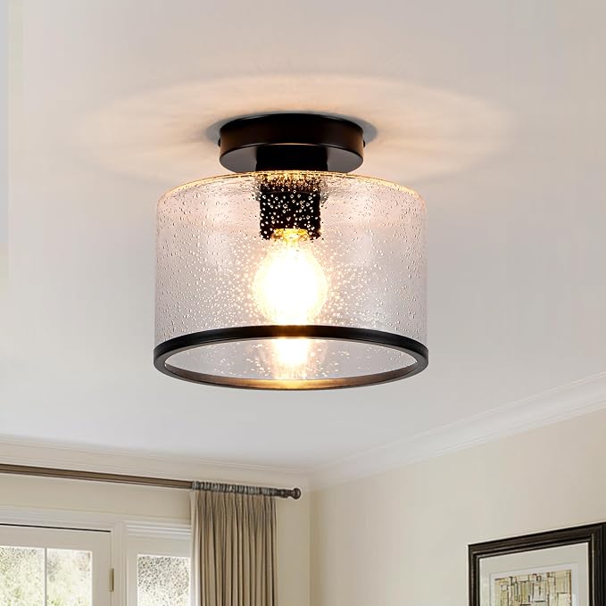 Zlepmlla Modern Flush Mount Ceiling Light, Seeded Glass Ceiling Light Fixture, Black Light Fixture for Hallway, Bedroom, Entryway, Kitchen，Living Room