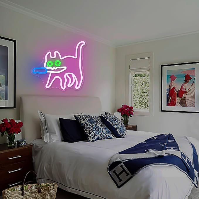 Cautiously Cat Neon Signs for Wall Decor Dimmable Sneaky Cat Knife Neon Light Sign for Bedroom Pink Anime Cat Neon Sign for Zoo Cat Cafe Cat Man Cave