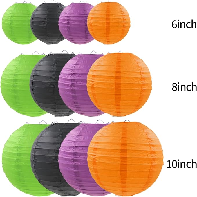 Halloween Paper Lanterns Black Purple Orange Green Halloween Party Decorations for Birthday Baby Shower Bachelorette Wedding Bathroom Hanging Supplies (12 PCS)