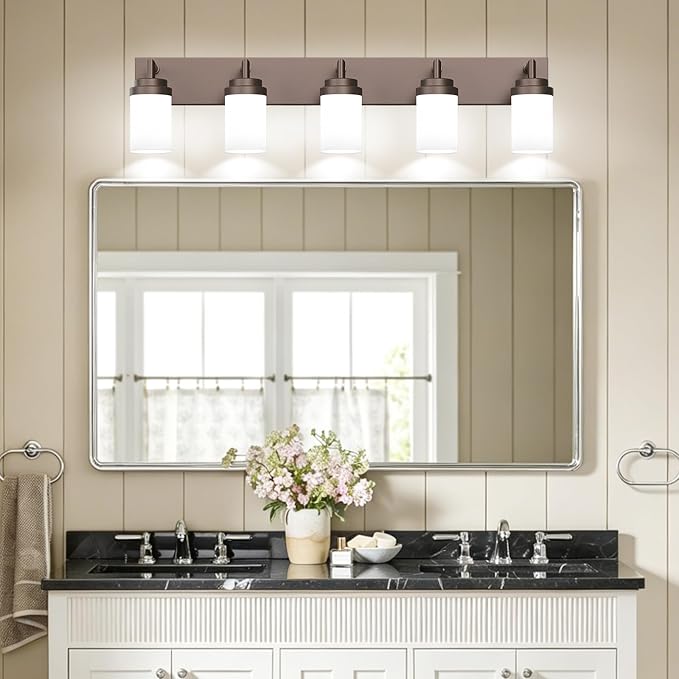Bathroom Light Fixtures, Oil Rubbed Bronze Bathroom Lighting Fixtures Over Mirror, Modern Vanity Light with White Glass Shade, Restroom Lighting Fixtures, 5-Light 36-inch