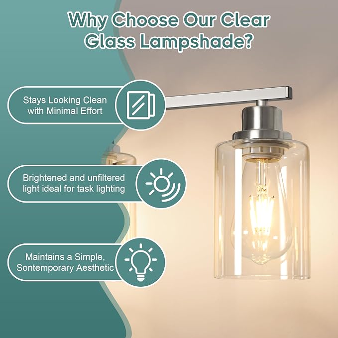 Ascher Bathroom Light Fixtures, 4-Light Vanity Light Over Mirror, Brushed Nickel Wall Sconces with Clear Glass Shades, Wall Lamp for Living Room Bedroom, E26 Base(Bulbs Not Included)