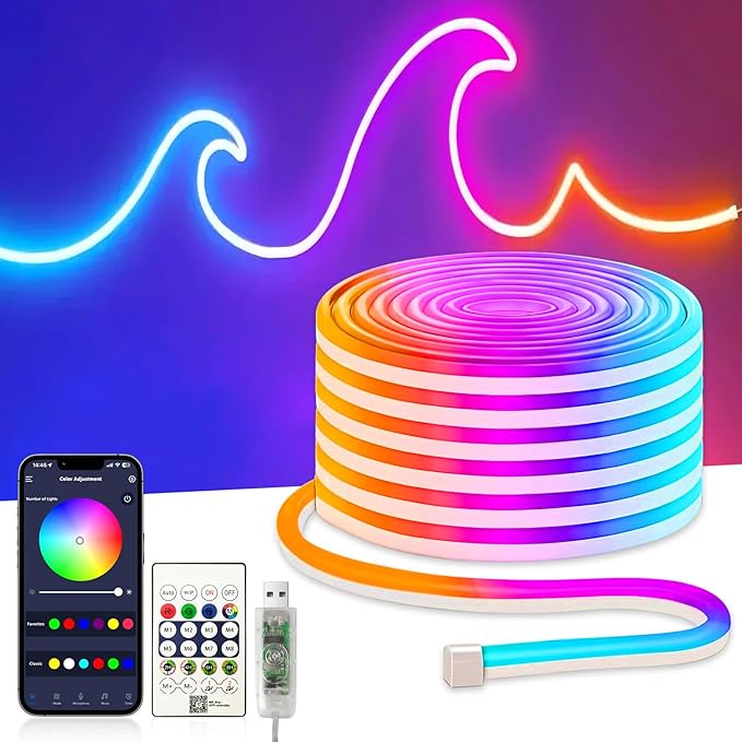 32.8FT RGB+IC LED Neon Rope Light Strip with Remote | Multiple Modes,5v USB Powered,Music Sync,For Living Room,Bedroom, Party & Holiday Decoration