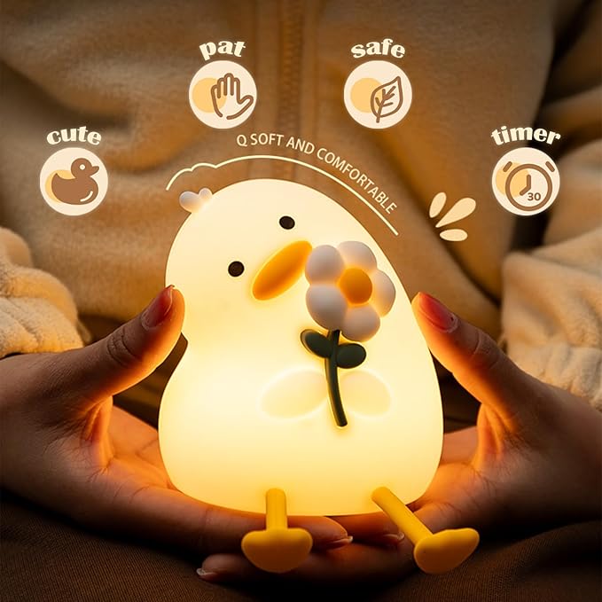 Night Light for Kids, Cute Duck Silicone Nightlight with Timer, Rechargeable Nursery Light, LED Squishy Night Lights, Safe Bedside Lamp, Dimmable Animal Night Lamp for Boys Girls Toddler (Duck)