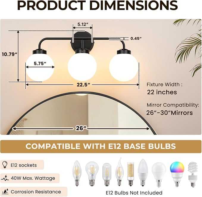 Modern Matte Black Bathroom Light Fixtures, 3-Light Vanity Lights Wall Sconce with Globe Milky White Glass Shade Over Mirror for Bathroom Hallway Living Room Bedroom