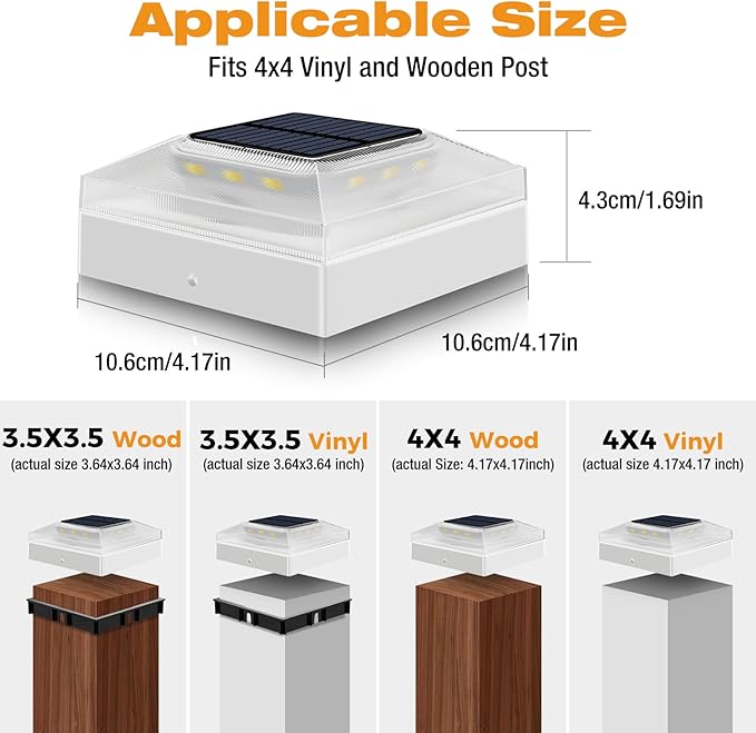 4x4 Solar Post Cap Lights Outdoor 2 Pack, 3 Color Modes/Dusk to Dawn/IP65 Waterproof, Fits 4x4 Vinyl/PVC Wood Posts Top, White LED Fence Topper Light for Deck, Porch, Backyard