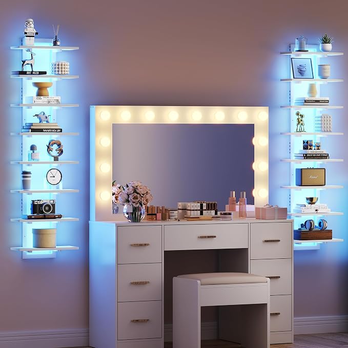 8 Tier Wall Shelf Unit Floating Shelves with LED Light, Vertical Wall Shelf, Wall Mounted Display Shelf for Living Room, Bedroom, Vanity, 15" W x 5.9" D x 58.3" H, White