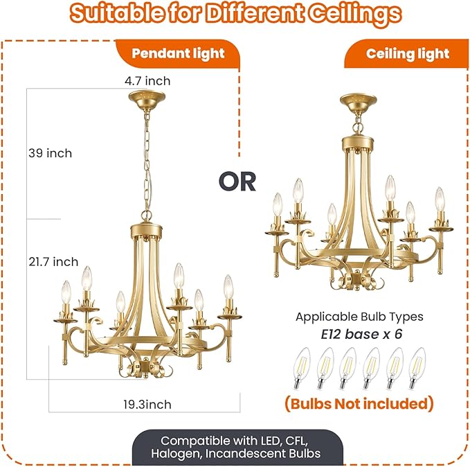 Modern Gold Candle Chandelier, 6-Light Farmhouse Chandeliers for Dining Room Lighting Fixtures Hanging, Dining Light Fixtures Iron Metal Pendant Light Fixture for Bedroom Living Room Kitchen Foyer