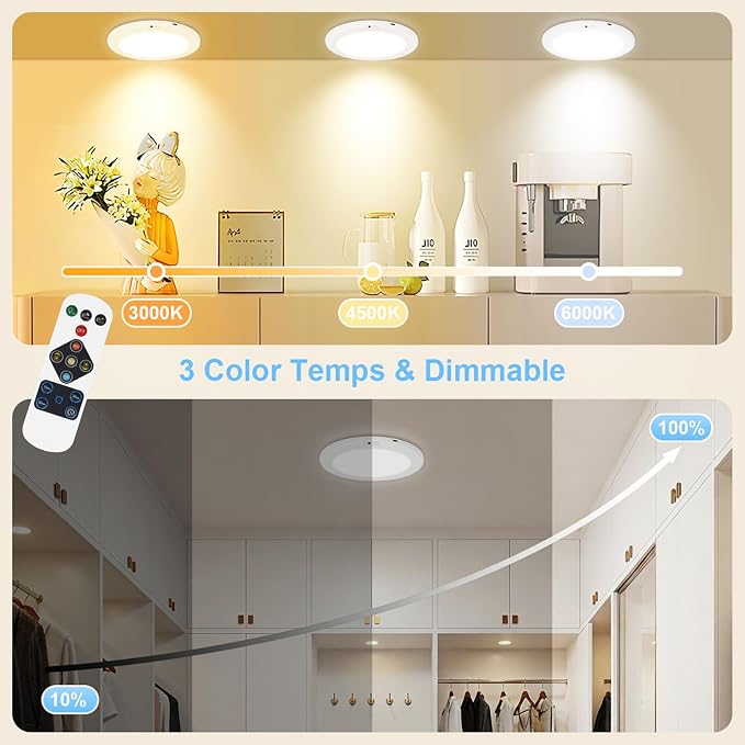 2Pack Rechargeable Magnetic Ceiling Light/Shower Light with Remote | Motion Sensor, Wireless, Power Indicator, Waterproof, Battery-Powered LED, 3 Color, Dimmable, Closet, Pantry, Hallway, Patio