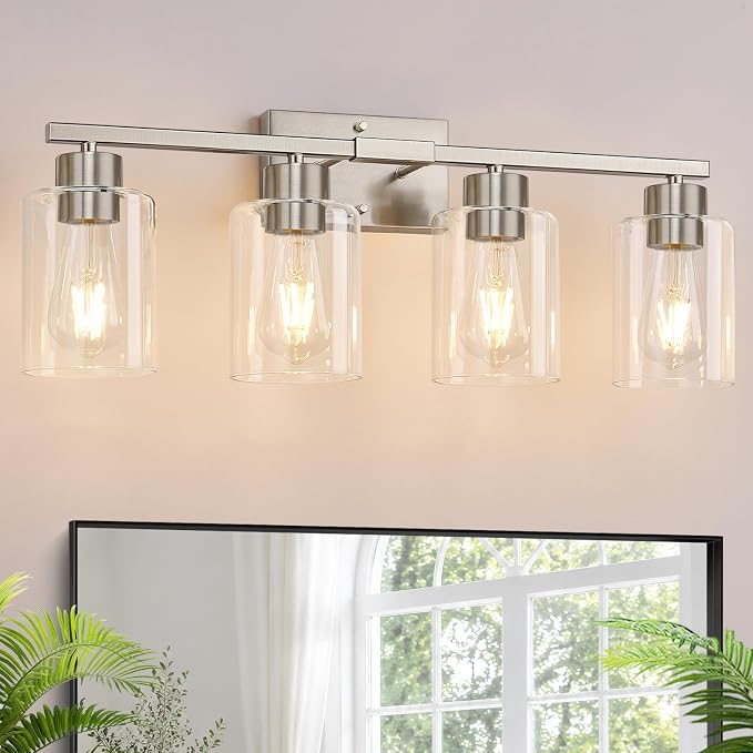 4-Light Bathroom Light Fixtures, Brushed Nickel Vanity Lights, Bathroom Lighting with Clear Glass Shade, Vanity Lighting fixtures for Mirror Kitchen Bedroom Hallway Living Room