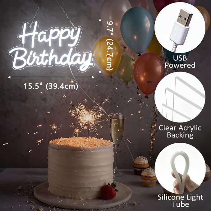 Happy Birthday Neon Sign with Dimmable, 15.5x9.7 Inch Happy Birthday LED Neon Light for Wall Decor, LED Up Light with USB Powered for All Birthday Party Decoration, Backdrop Wall (White)