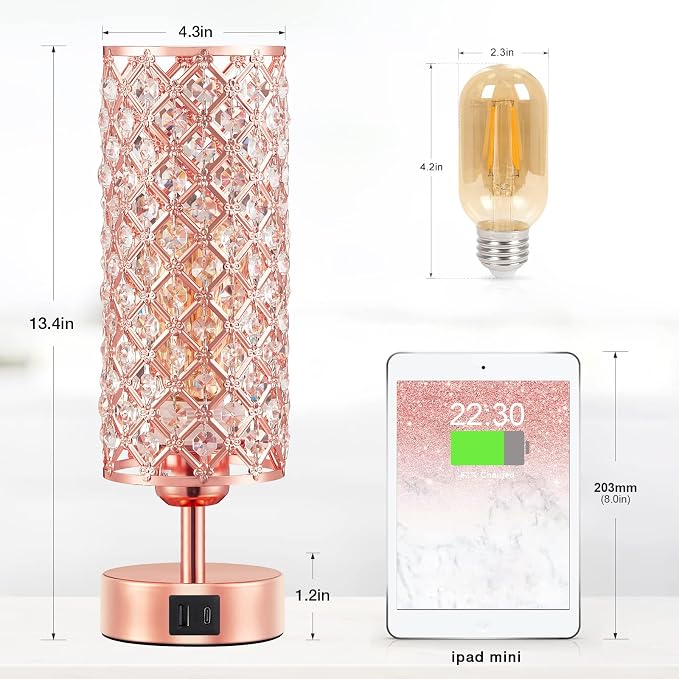 Pink Crystal Table Lamp, 3 Way Dimmable Touch Lamps for Night Stands | Rose Gold, Touch Control, USB C+A Charging Port, Desk Lamps for girls Bedroom, Living Room, Home Office, Room Decor
