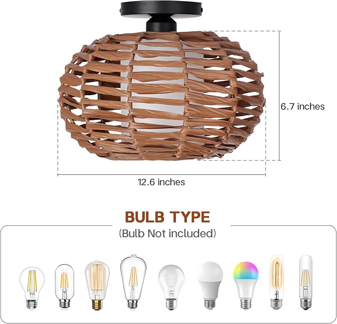 CALOKES Boho Semi Flush Mount Ceiling Light, Rattan Style Hand Woven Shade, Farmhouse Ceiling Fixture for Bedroom, Kitchen, Hallway, Entryway