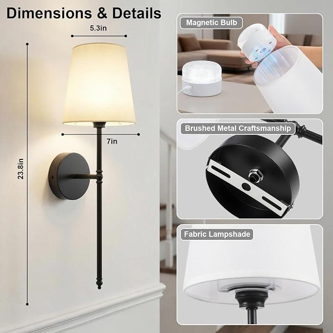 Battery Operated Wall Sconces Set of 2, Rechargeable Wireless Wall Lights with Remote, RGB Dimmable Wall Lamp for Bedroom Wall Decor Living Room Hallway (Black)