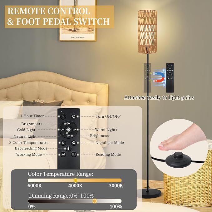 Ruiever Floor Lamp for Living Room,Farmhouse Floor lamp,Modern Standing lamp with Hand-Worked Rattan Shade (Double Shade-with Remote)