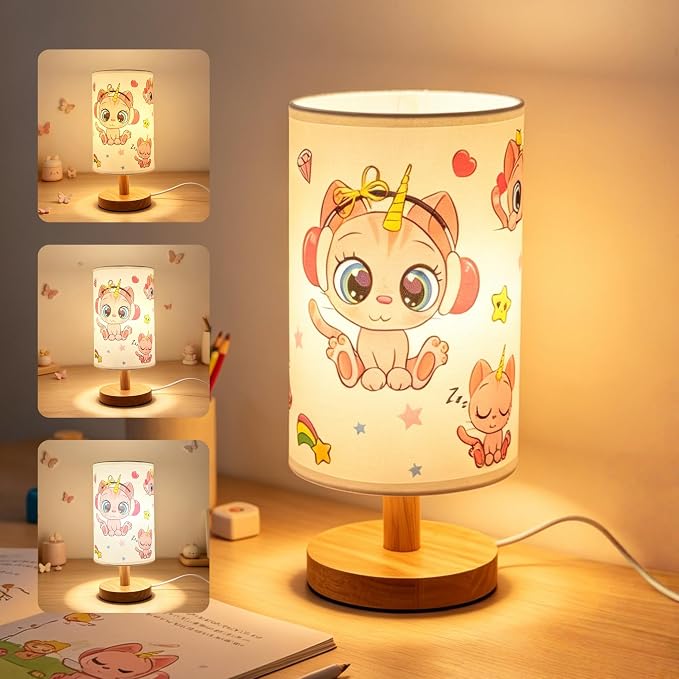 Cat Lamp,Kitty Gifts for Girl,Kids Table Lamp for Bedroom Bedside Lamps,3 Colors Dimmable LED Nightstand Night Light with Flaxen Fabric Shade Desk Lamp for Boys Girls Room Nurser Decor