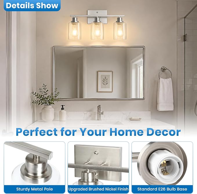 Ascher 3 Light Bathroom Light Fixture, Brushed Nickel Bathroom Lighting Fixtures Over Mirror, Vanity Light with Clear Glass Shade, Wall Sconce for Living Room Bedroom Cabinet, E26 Base