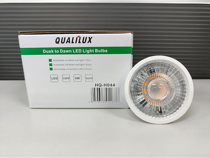 Qualilux MR16 GU10 Dusk to Dawn Light Bulbs, Warm White 3000K, 50W Equivalent, 500LM, Auto On/Off Light Sensor Bulb, Non-dimmable, LED 6W 4 Pack, HQ-H044