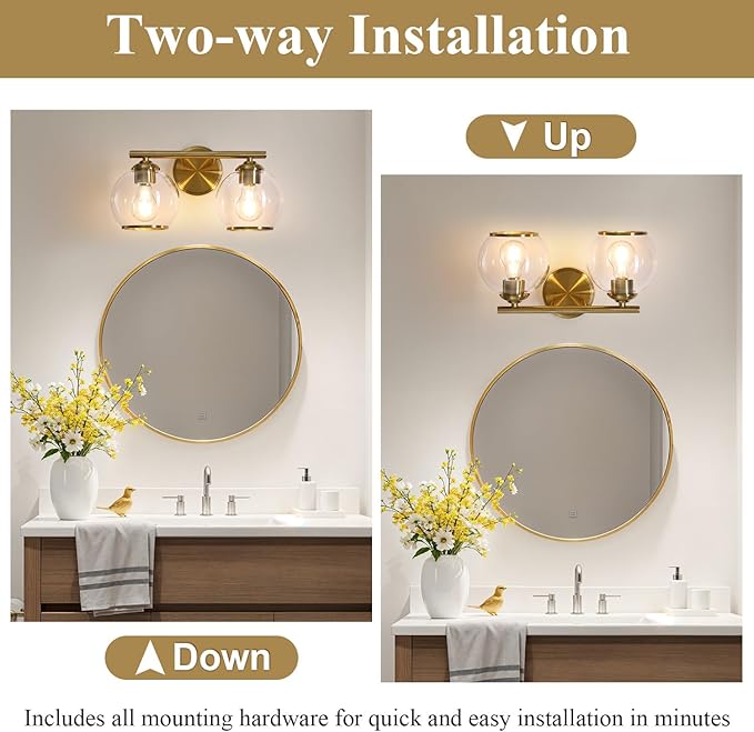 Brushed Gold Bathroom Vanity Light Over Mirror, 2 Light Bathroom Light Fixtures with Clear Globe Glass Shade, Modern Vanity Lighting Wall Mounted
