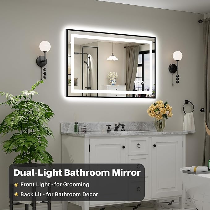 48x30 Inch LED Bathroom Mirror with Black Frame, Backlit & Front Lit | Anti-fog, 3 Color Dimmable, Memory Function, HD Reflection Tempered Glass, ETL Listed, IP54 Waterproof