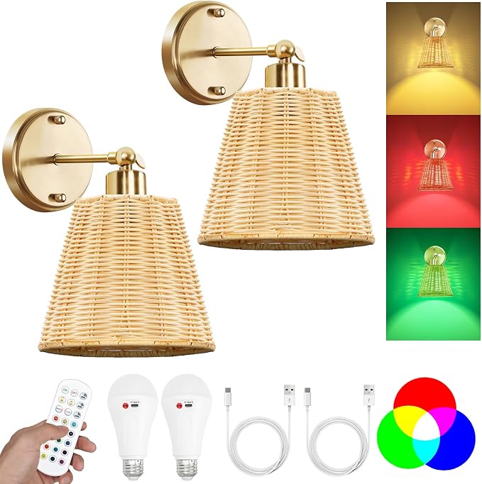 Frideko Rattan Rechargeable Wall Sconces Set of Two with Remote, RGB 15 Colors Dimmable Battery Operated Wall Lights, Indoor Wireless Wall Lamp with 3 Timer, Farmhouse Boho Sconce Light for Bedroom